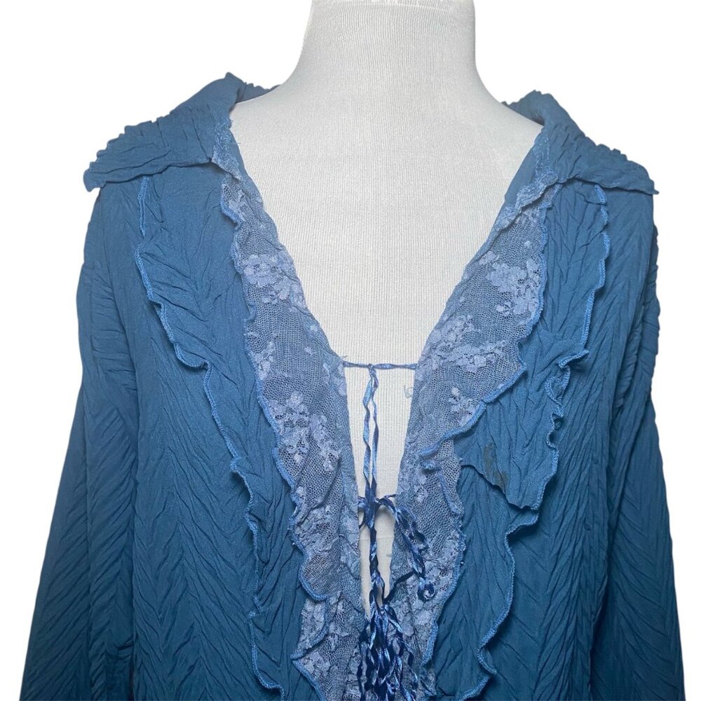 Komarov Womens Blue Crinkle Ruffled Blouse Long Sleeve Lace Trim Witchy Festival
